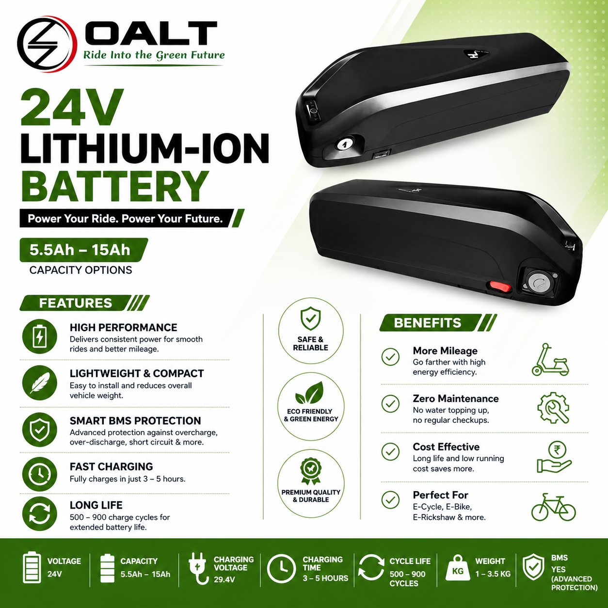 24V Lithium-Ion Battery for E-Cycle / E-Bike (5.5Ah – 15Ah) | Smart BMS | Long Range EV Battery